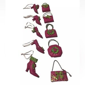 Lot of 10 Barbie fashion theme shoe/purse tree ornaments pink and green bling